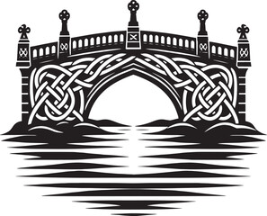 Fototapeta premium Detailed black and white illustration of a Celtic knot bridge over reflective water