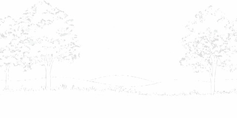 Minimalist sketch of two trees on a grassy hill with rolling landscape in the background