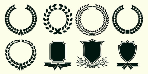 Collection of laurel wreaths and shields with ribbons for awards and recognition