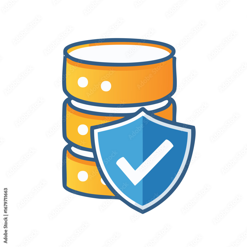 Poster secured database illustration with shield protecting stacked cylinders of data storage symbolizes da