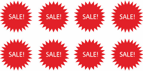 Eight red starburst sale tags with white text on a white background