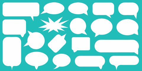 Collection of diverse white speech bubbles and thought bubbles on a teal background