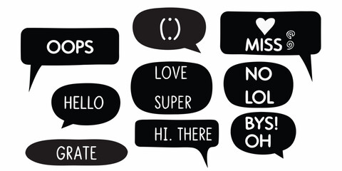 Collection of black speech bubbles with white text messages and icons on a white background