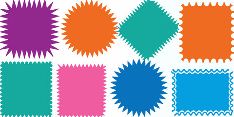 Collection of colorful geometric shapes with jagged and scalloped edges on a white background