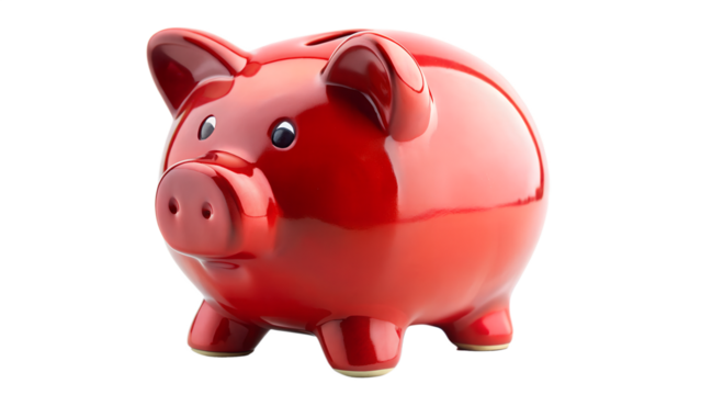 Shiny red piggy bank isolated on transparent background, representing financial savings, investment, and the importance of managing money wisely for future goals