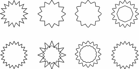 Collection of eight abstract starburst shapes and star outlines in black and white