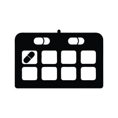 Pill organizer vector icon, medication dispenser, daily dose reminder in black, daily pill organizer silhouette vector illustration