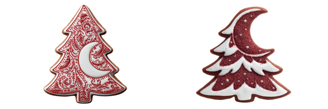 Two christmas tree cookies, one with moon and stars, isolated on transparent background