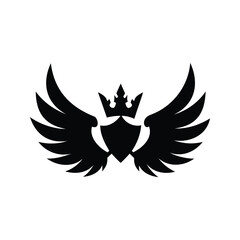 Heraldic shield with crown and wings vector illustration, black and white, double wings emblem silhouette vector illustration