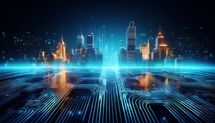 economy block tax concept digital cityscape with glowing skyscrapers and circuit like patterns