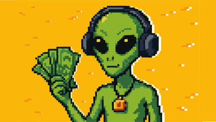 Pixel Alien with Headphones and Money, illustration, vector, cartoon, head, green, silhouette, design, halloween, art