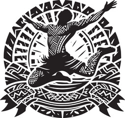 Artwork featuring a man in mid-air with tribal patterns and ornamental circular design