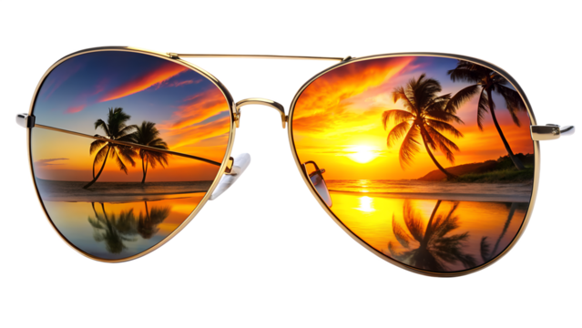 Sunset reflected in sunglasses on a tropical beach with palm trees, capturing the essence of summer vacation, isolated on transparent background