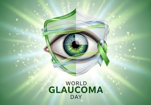 World glaucoma day awareness with green ribbon and eye symbol on radiant background for health campaigns and educational designs