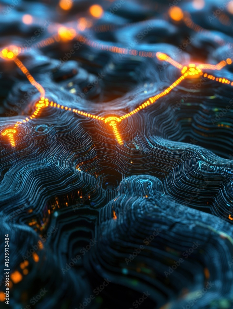 Poster abstract digital landscape with glowing orange lines and textured blue surface representing data con