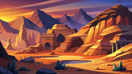 Fototapeta premium Al Qarah Mountain, Saudi Arabia, displays caves, eroded cliffs, and stratified stone glowing in the sunset. Warm shadows across rocky textures; semi-realistic flat vector emphasizing bold contours and