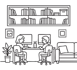 interior outline sketch drawing perspective of a space office. Workplaces interior for two childhood