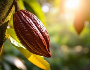 a cacao pod hangs from a tree branch bathed in warm sunlight with lush greenery in the background capturing the essence of cocoa cultivation