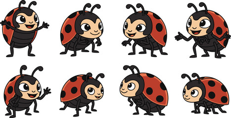 Cartoon ladybugs pose in various positions. Insect animation, nature, cute, character, illustration, bug, animal