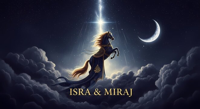Mystical journey of isra and miraj depicting a majestic horse in celestial night sky with crescent moon and radiant light