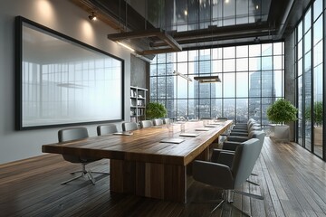 Modern conference room with long wooden table, chairs, and panoramic windows overlooking city skyscrapers.