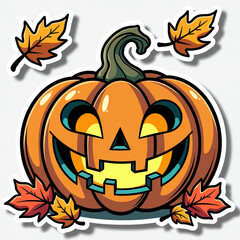 - Grinning pumpkin sticker, cartoon pop-art, cozy retro palette, autumn
