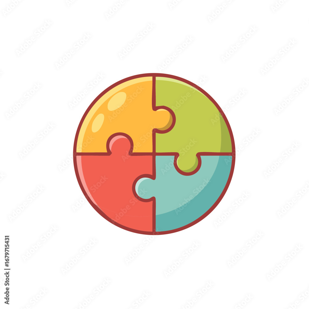 Poster colorful circular jigsaw puzzle icon with four connected pieces representing a complete solution or 