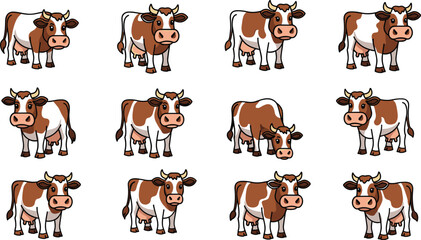 Cartoon cows stand in rows. Dairy farm animals, livestock, agriculture, farming, cattle, illustration, rural, animal husbandry, milk, farm, brown, white
