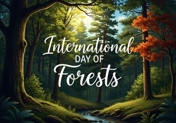 International day of forests celebration in serene sunlit woodland scene with lush greenery and autumn hues