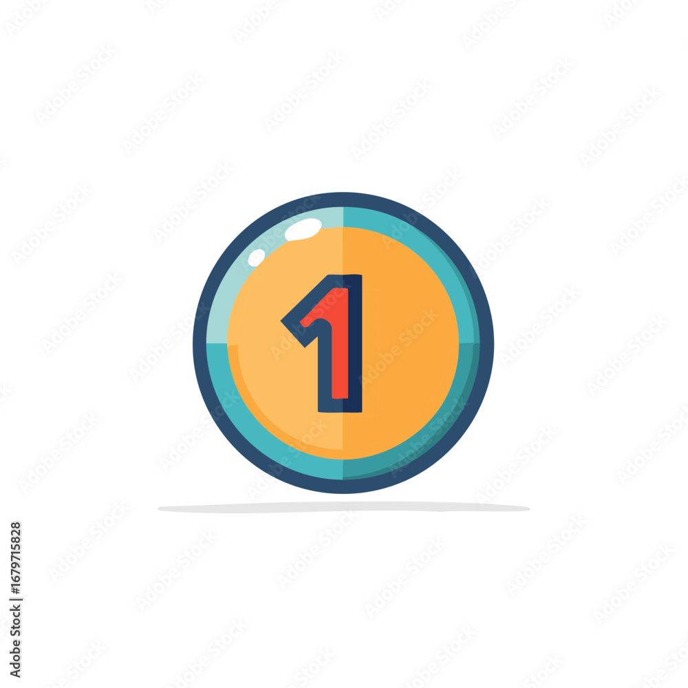 Poster cartoon number one icon simple graphic red digit in orange circle blue border round badge or button 