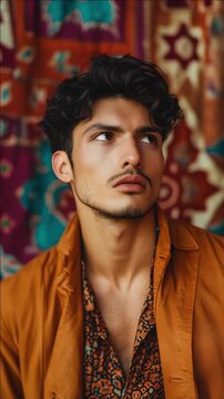 Young man with short dark hair, looking away, in a vintage-style patterned shirt and gold jacket; stylish and fashionable.