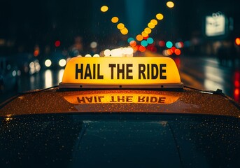 Urban night commute concept with illuminated taxi sign in rainy city street