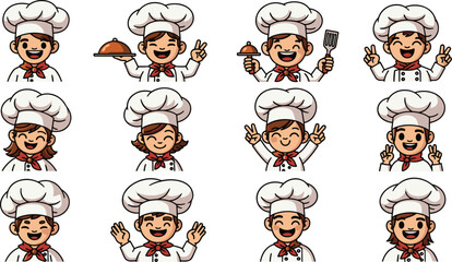 Cartoon chefs in various poses and expressions. Cooking, culinary arts, restaurant, chefs, profession, uniform, happiness, food, service, gastronomy.