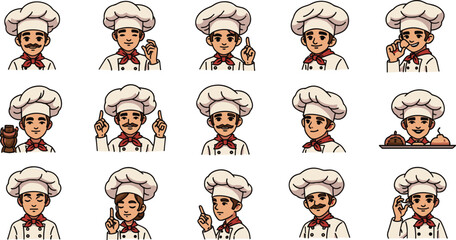 Cartoon chef characters with various actions and expressions. Cooking, food, restaurant, culinary, profession, occupation, kitchen, happy, uniform, expert