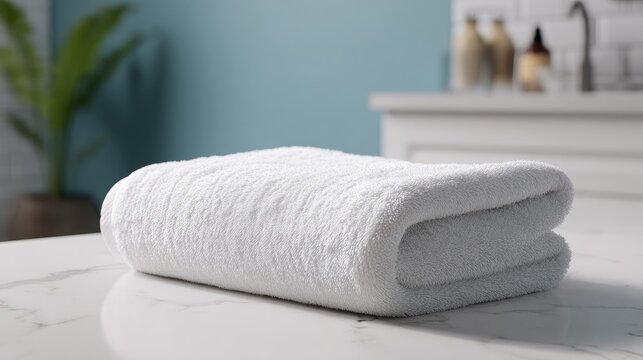 Folded white bath towel on marble countertop in a bathroom setting
