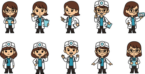 Doctors show different poses in a group. Healthcare, medical, hospital, medicine, health, wellness, treatment, clinic, diagnosis, surgery, nurses, science.