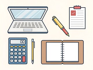 Hand drawn office supplies including a laptop calculator pens and notebook