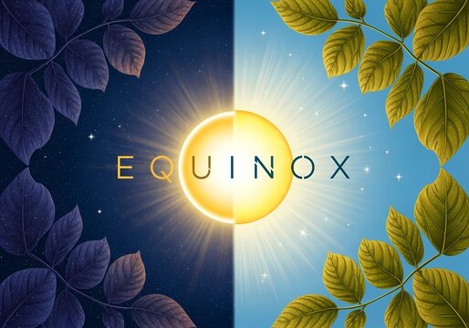 Equinox symbolism with sun, night, and daytime leaf illustrations for seasonal concept