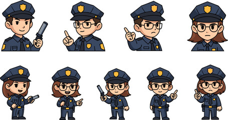 Cartoon police officers present and warn. Law enforcement, authority, protection, order, security, justice, safety, regulation, duty, professionalism.