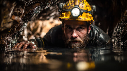 Miner exploring a water-filled underground tunnel with headlamp on helmet