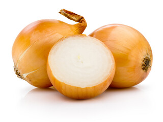 Fresh Onion bulbs and a half isolated on white background