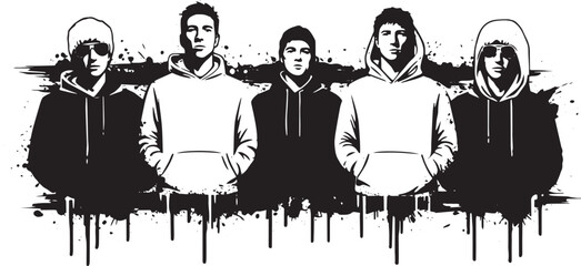 Monochromatic graphic featuring a band of five members with abst