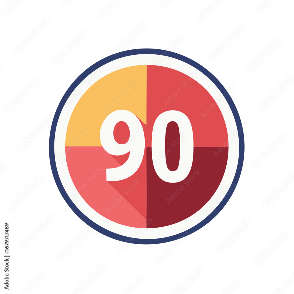 Poster circular emblem or icon with the number ninety in white with segmented color blocks.