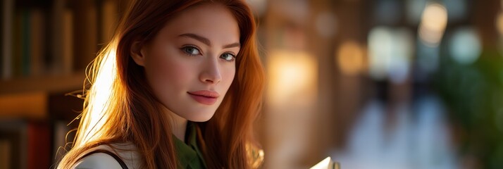 Young caucasian female in library holding book with sunlight highlighting red hair