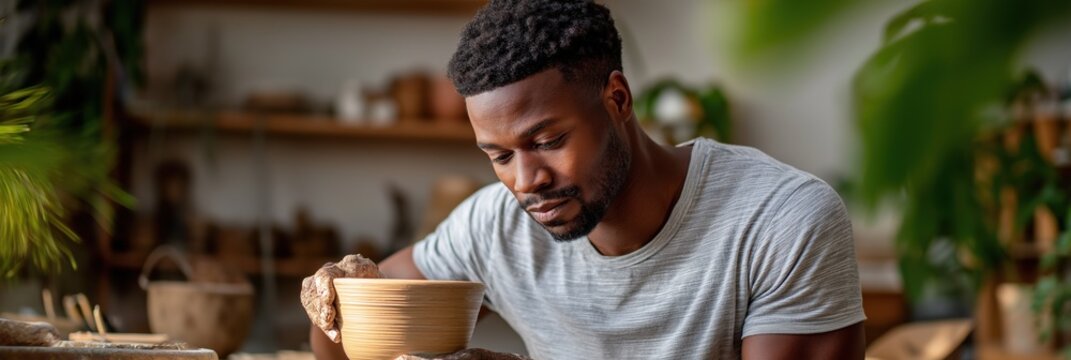 Young african male potter crafting in studio with focus and skill