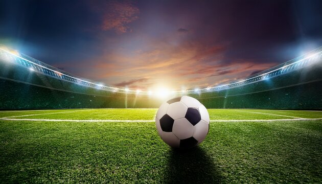 soccer stadium background panorama of green ground of sport field ball and lights concept of court competition grass football arena