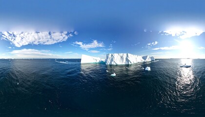 Icebergs in a vast ocean, sunny day