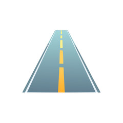 Straight gray asphalt highway with yellow stripe road markings directing forward, vector illustration, driving destination, traffic lane