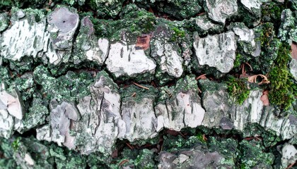Close-up of Mossy Tree Bark Texture: White, Gray, and Green Hues