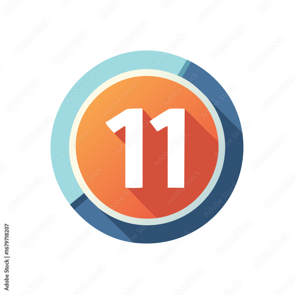 Poster number 11 flat design icon with long shadow effect in a circular button